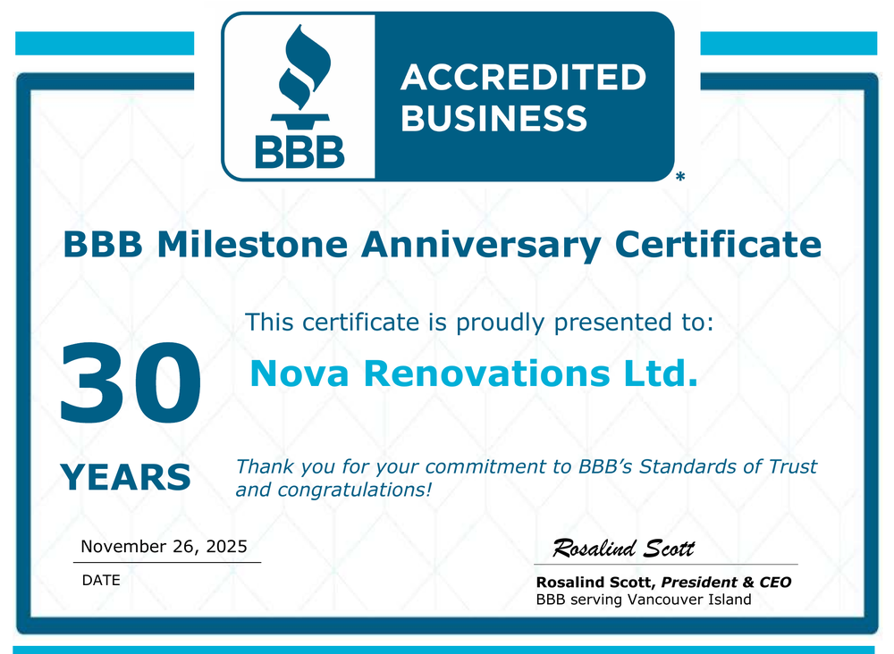 Nova Renovations BBB 30 Year Milestone Anniversary Certificate - A+ Rating